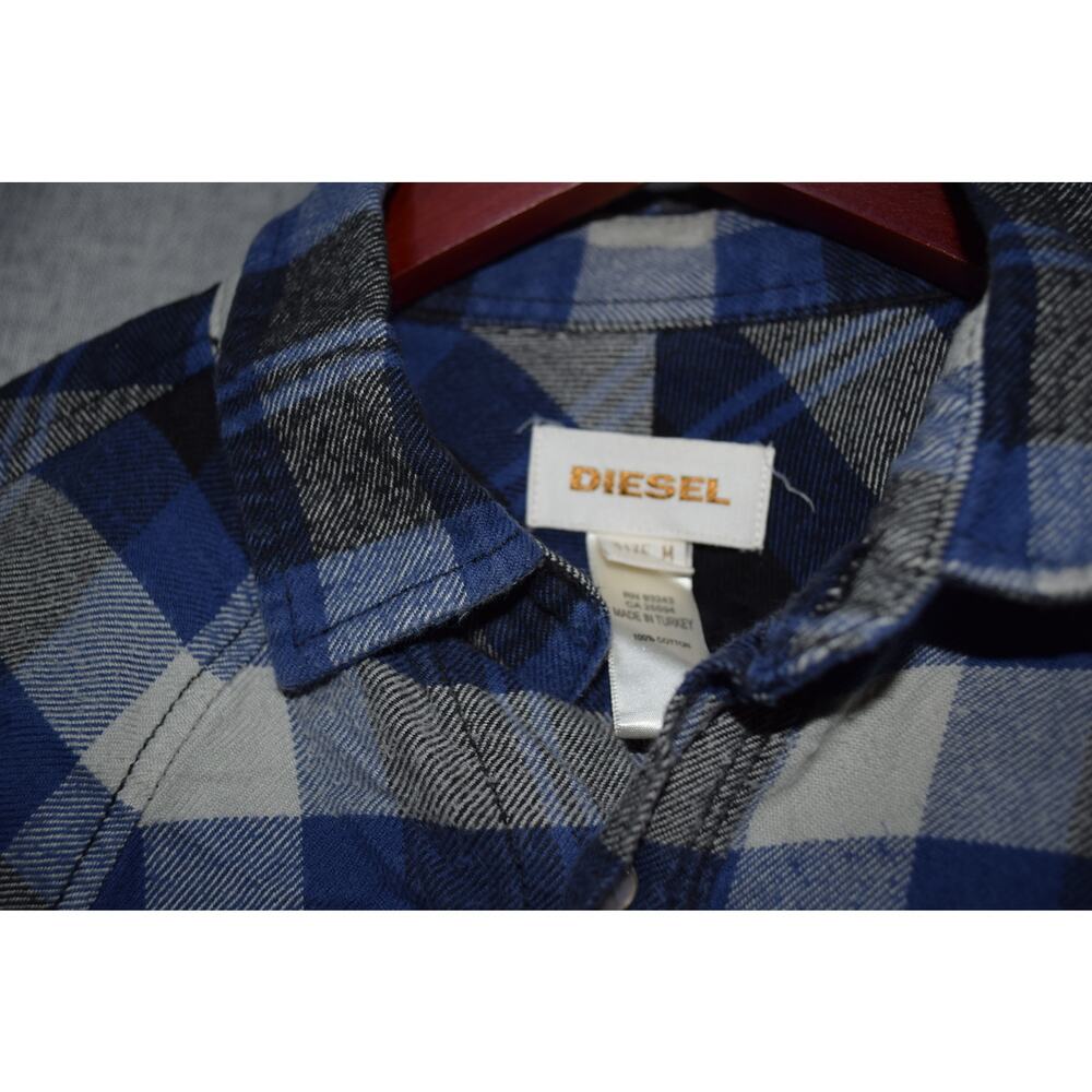 Diesel Mens Medium Western Flannel Shirt Blue Black Plaid Snap Front - Picture 3 of 4